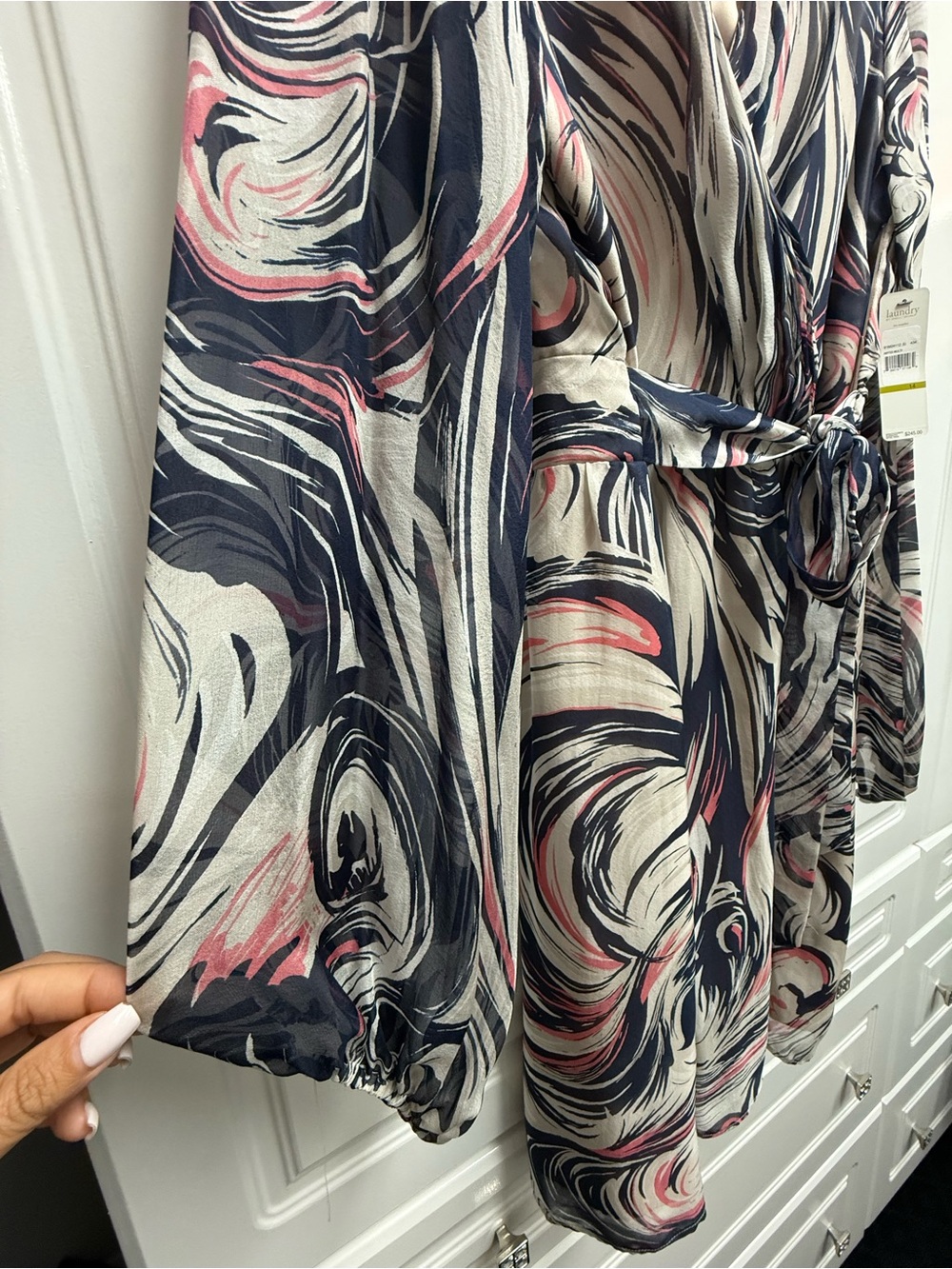 Shelli Segal Navy, Cream & Pink Swirl Wrap Silk Dress - Picture 5 of 6
